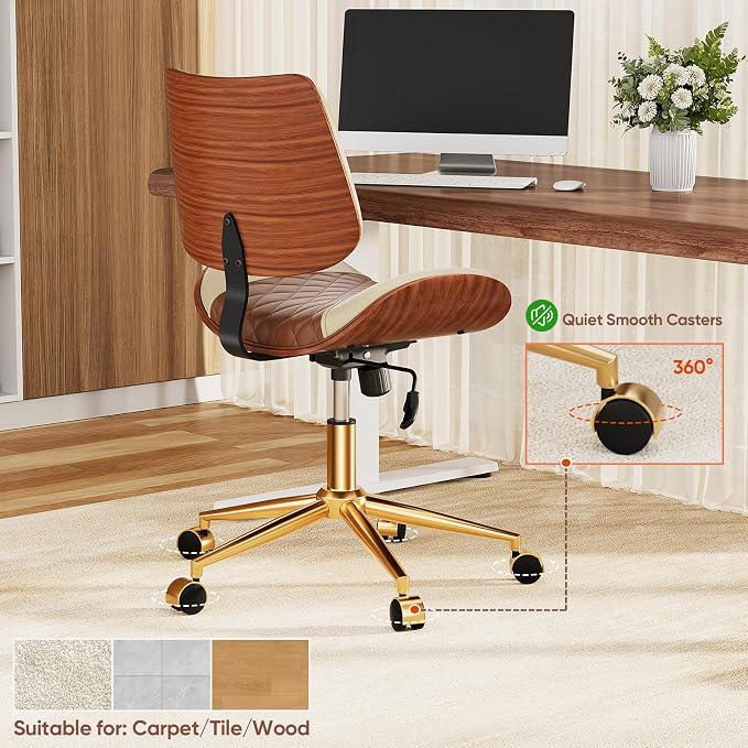Home Office Desk Chair with Swivel Wheels, Modern PU Leather Armless Office Chair, Small Mid Back Computer Chair for Home Office, Reading Meeting Room (Brown and Beige, Gold Wheels)