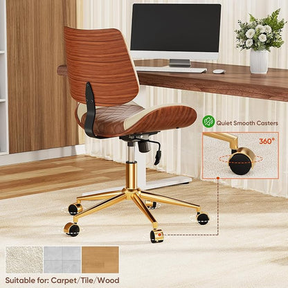Home Office Desk Chair with Swivel Wheels, Modern PU Leather Armless Office Chair, Small Mid Back Computer Chair for Home Office, Reading Meeting Room (Brown and Beige, Gold Wheels)