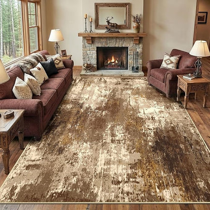 RELEANY Washable Area Rugs 5'x7' Non-Slip Modern Abstract Soft for Living Room Entryway Bedroom Kitchen, Print Pattern, Brown Tan Beige Coffee