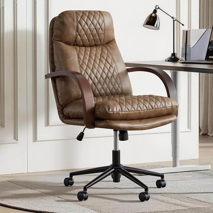 KISLOT Home Office Desk Chair, Ergonomic Office Chair with Lumbar Support, Adjustable Swivel Computer Chair with Wheels, Faux Leather Executive Task Chair with Wood Arms, Set of 2, Brown