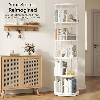 5 Tier Rotating Bookshelf, Corner Wooden, Metal Skinny Bookshelf for Toy Lego Dispaly Book Shelf Room Storage Organizer Furniture White Tall Bookcase for Bedroom Living Room Office Kitchen Shelf