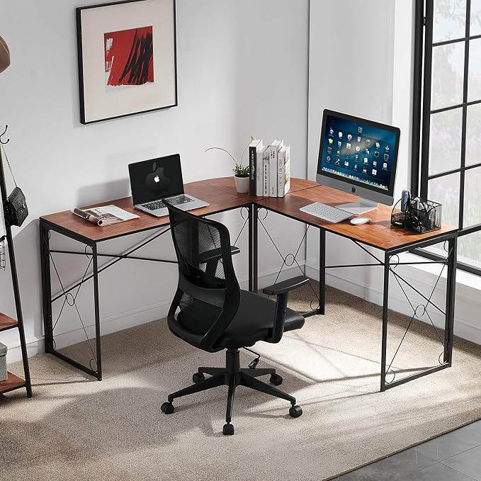 VECELO 59" L Shaped Computer Desk, Corner Computer Desk, Sturdy Home Office Computer Table for Small Space, Writing Desk, Larger Gaming Desk Workstation, Brown