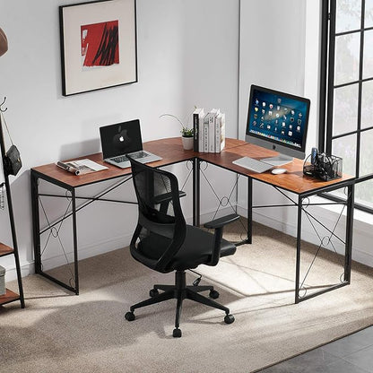 VECELO 59" L Shaped Computer Desk, Corner Computer Desk, Sturdy Home Office Computer Table for Small Space, Writing Desk, Larger Gaming Desk Workstation, Brown