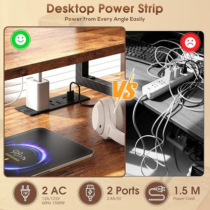 DurayLoly Computer Desk, 55" Desk with Cabinet to Display & RGB Light, Home Office Desks with 3 Drawers for Small Space, 2 AC Power Outlets and 2 Ports, Monitor Stand for Student Bedroom, Brown