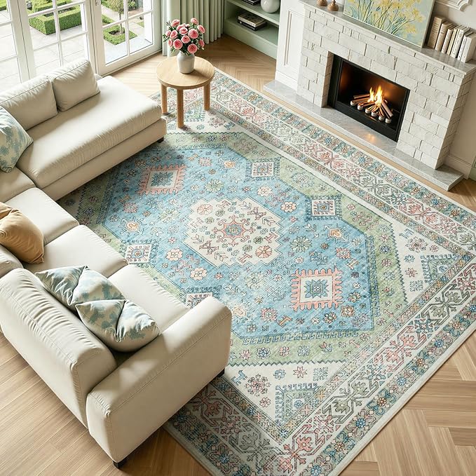 Lofus Vintage Living Room Rugs 8x10, Soft Machine Washable Area Rug for Bedroom Indoor Floor Home Office House Decor, Oriental Traditional Distressed Farmhouse Carpet, Boho Sage Green and Light Blue
