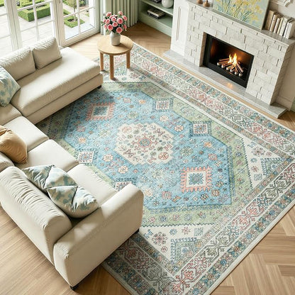 Lofus Vintage Living Room Rugs 8x10, Soft Machine Washable Area Rug for Bedroom Indoor Floor Home Office House Decor, Oriental Traditional Distressed Farmhouse Carpet, Boho Sage Green and Light Blue