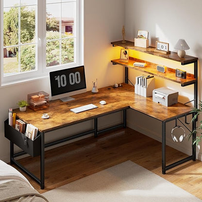 DurayLoly 53'' L Shaped Desk Gaming Desk with LED Light & 5 Power Outlet, Reversible Computer Desk with Shelves & Storage Bag & Hook for Home Office, Rustic Brown