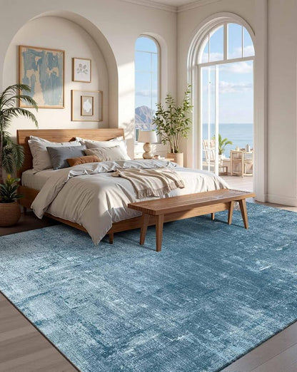 Latte&Fog 6x9 Area Rugs for Living Room Bedroom, Blue Modern Abstract Neutral Washable Rug, Boho Non Slip Low Pile Carpet for Dining Room, Dorm, Classroom, College Dorm, Farmhouse and Kids Room - Blue