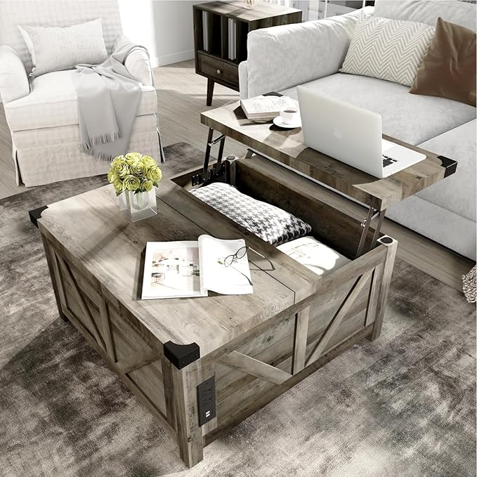 jimeimen Farmhouse Lift Top Coffee Table with Storage, Wood Square Center Table with Charging Station&USB Port, Living Room Table w/Large Hidden Space, for Living Room, Bedroom, Home Office, Grey