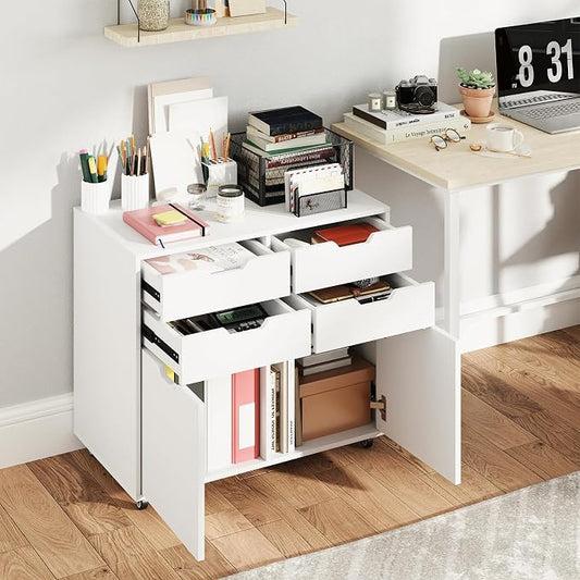 White File Cabinet with 4 Drawers and 2 Doors, Under Desk Mobile Storage Organizer, Wooden Printer Stand on Wheels, 29" Lateral Filing Cabinet for Home Office Living Room