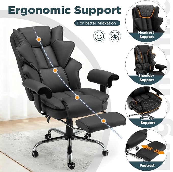 HOMREST Ergonomic Executive Chair with 6-Point Vibration & Heat, Reclining PU Leather Big & Tall Desk Chair, Retractable Footrest & Adjustable Armrest for Home Office Gaming Study, Black