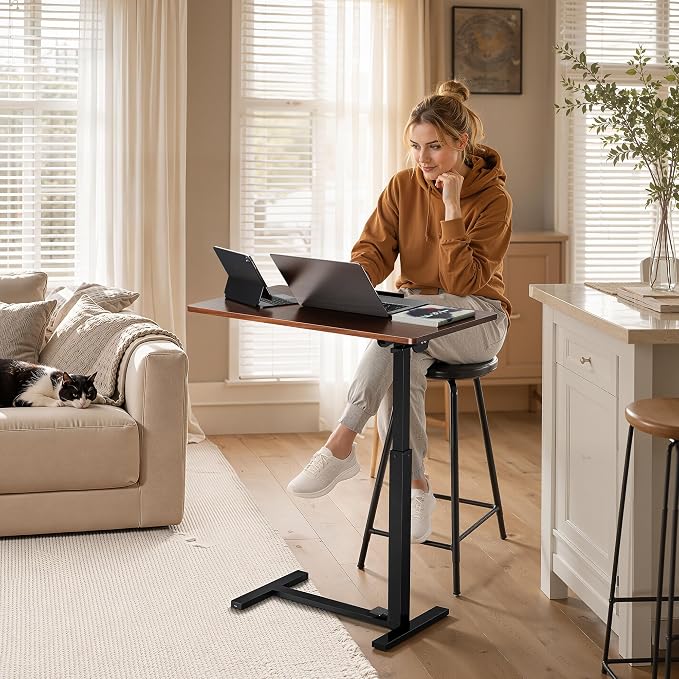 Mobile Standing Desk Adjustable Overbed Table, Pneumatic Height Adjustable Rolling Laptop Desk with Hidden Wheels, 0-180°Tilt Top Rolling Computer Cart Foldable for Home Office, Craft & Study, Brown