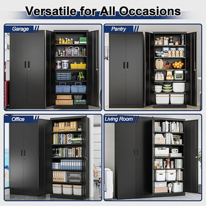 BESFUR Metal Storage Cabinet with 2 Doors and 5 Adjustable Shelves Garage Storage Cabinet with Lock 71" Office Storage Cabinets Locking Cabinets for Garage Office Shop Home (Black)