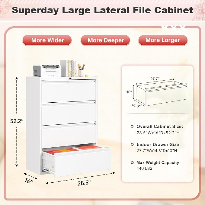 Superday Lateral File Cabinet 4 Drawer Metal File Cabinet with Lock, White Filing Cabinets for Home Office, Locking Filing Cabinets Hanging Files Letter/Legal/F4/A4