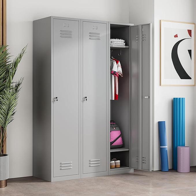 Metal Lockers for Employees,71" Steel Storage Cabinet with 1 Door Lockable for Home,Gym,School,Office,Garage-Assembly Required/Gray