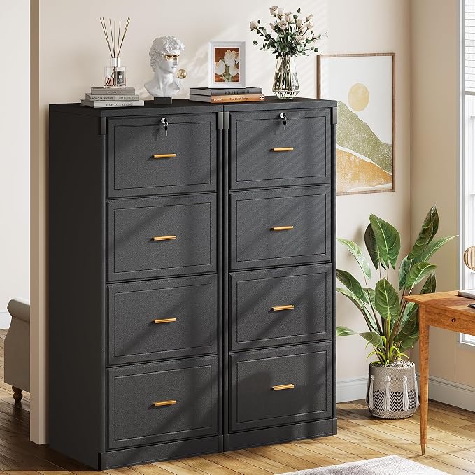 Tribesigns 4-Drawer File Cabinet with Lock, Locked File Cabinet with Key, Tall Wooden Filing Cabinets for Home Office, Vertical Office Storage for Legal Size/Letter/A4/Files, Black (2 Pieces)