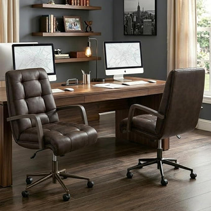 KISLOT Home Office Desk Chair, Ergonomic Office Chair with Square-Patterned Leather Upholstery, Adjustable Swivel Computer Chair with Wood Arms & Wheels, Soft-Rounded Front Edge, Espresso, Set of 2
