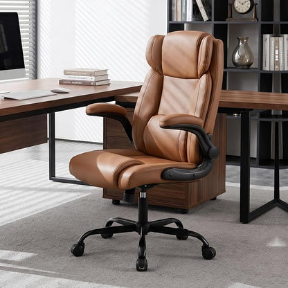 Office Desk Chair,Ergonomic Conference Room Chairs,Mid Back Executive Leather Chair,Comfy Computer Desk Chairs with Adjustable Flip-Up Arms and Rocking Function (Brown)