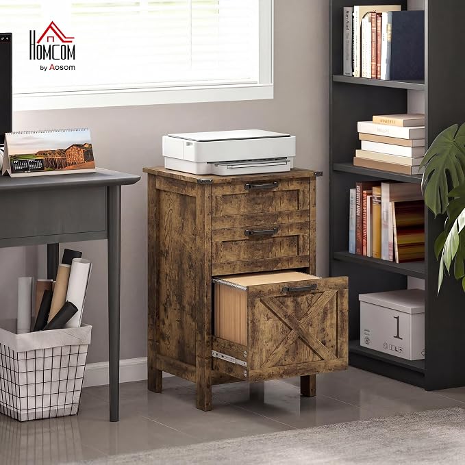 HOMCOM 3 Drawer File Cabinet with Silent Slides, Vertical Filing Cabinet for Hanging A4/Letter Size, Rustic Farmhouse Printer Stand with Storage for Home Office, Rustic Brown