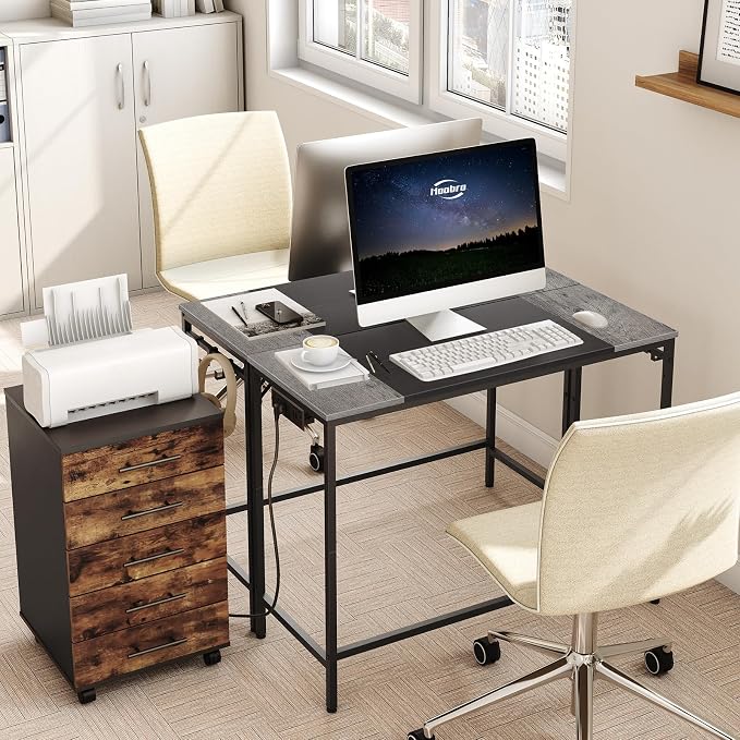 HOOBRO Computer Desk, Home Office Desk with Power Outlet, Modern Study Writing Desk with 3 Hooks for Study Room, Home Office, Sturdy and Stable, Easy to Assemble, Charcoal Gray and Black BC41UDN01