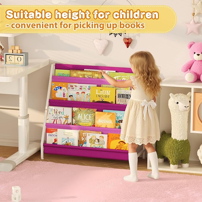 Aokitsink Kids Bookshelf for Kids Rooms, 4-Tier Montessori Bookshelf,Nursery Book Shelves,Pink Toddler Bookshelf, Metal Kid's Book Storage Organizer for Girls Room Furniture Playroom Kindergarten