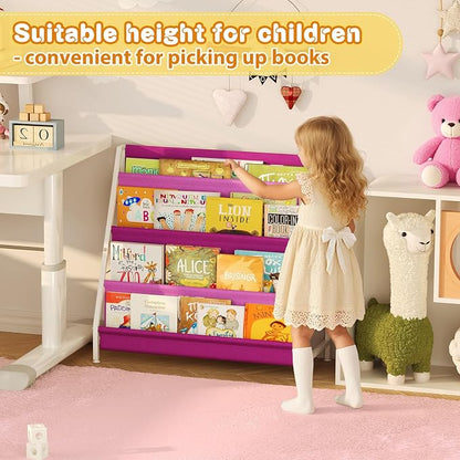 Aokitsink Kids Bookshelf for Kids Rooms, 4-Tier Montessori Bookshelf,Nursery Book Shelves,Pink Toddler Bookshelf, Metal Kid's Book Storage Organizer for Girls Room Furniture Playroom Kindergarten