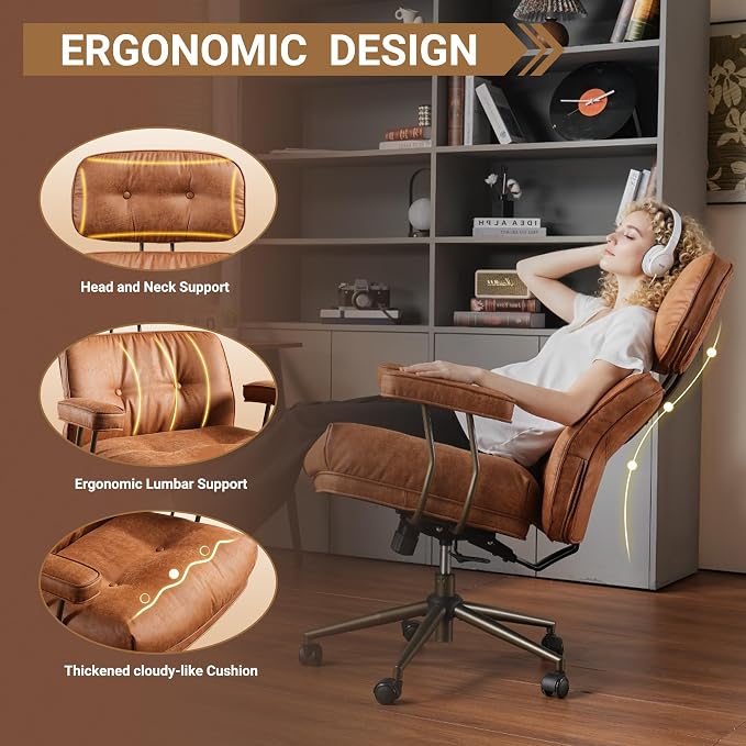Home Office Chair,Ergonomic Computer Chair with Lumbar Support Adjustable Height,Mid-Century Modern Office Chair with Rolling Swivel Chair for Home Office Game Study(Suede Leather Chair,Light Brown)