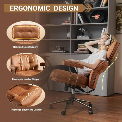 Home Office Chair,Ergonomic Computer Chair with Lumbar Support Adjustable Height,Mid-Century Modern Office Chair with Rolling Swivel Chair for Home Office Game Study(Suede Leather Chair,Light Brown)
