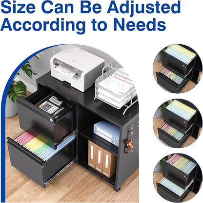 BYNSOE 2-Drawer File Cabinet Mobile Filing Cabinet with Lock Lateral File Cabinet Printer Stand with Open Storage Shelves for Home Office (Black, Left Drawer)
