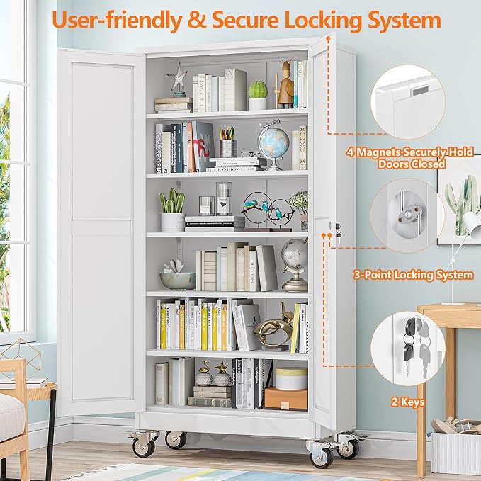pozdeg 73.6" Metal Garage Storage Cabinets with Wheels, Lockable Rolling File Cabinets with 2 Doors and 5 Adjustable Shelves, Steel Tool Organizer Locker for Office Home Garage Gym School, White
