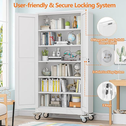 pozdeg 73.6" Metal Garage Storage Cabinets with Wheels, Lockable Rolling File Cabinets with 2 Doors and 5 Adjustable Shelves, Steel Tool Organizer Locker for Office Home Garage Gym School, White