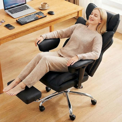 DUMOS Big and Tall Home Office Desk Chair, Ergonomic Executive Chair with Footrest, Computer Gaming Chairs with High Back Reclining, Adjustable Armrests and Comfy Lumbar Support, PU Leather, Black