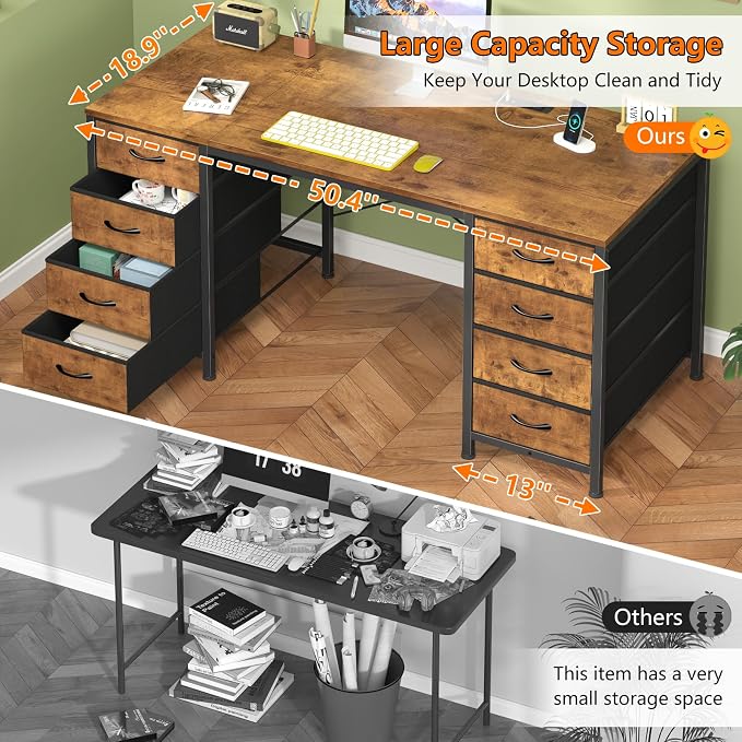YOMILUVE 50 Inch Computer Desk with 8 Drawers, Home Office Desk with Power Outlets, Work Study Gaming Desk with 8 Fabric Drawers, Rustic Brown
