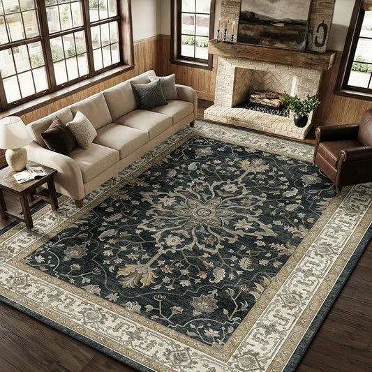 RELEANY Area Rugs Large 9'x12' Washable Non-Slip, Floral Vintage Distress Medallion Carpet for Living Room Bedroom Dining Room, Vintage Black Brown Neutral