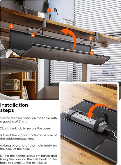 39" No Drill Under Desk Cable Management Tray (Black) | Fire-Resistant Thickened Nylon Material, Clip-on Cord Organizer to Hide Power Strip, Heat Dissipation Mesh Design, for Office