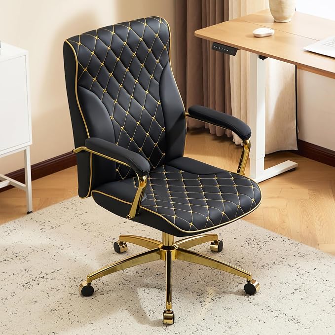 Furniliving Black and Gold Office Chair, Leather Office Chairs, Adjustable Vanity Chair with Golden Legs and Padded Armrest, Modern Upholstered Computer Chair with Wheels,Black
