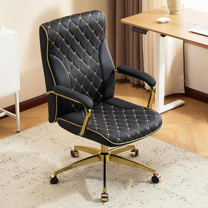 Furniliving Black and Gold Office Chair, Leather Office Chairs, Adjustable Vanity Chair with Golden Legs and Padded Armrest, Modern Upholstered Computer Chair with Wheels,Black