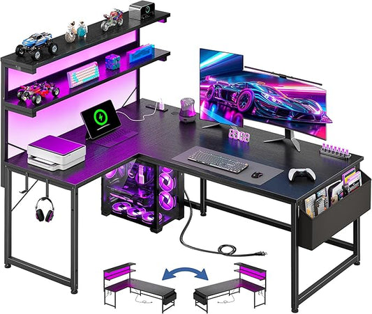 DurayLoly L Shaped Gaming Desk with No Side Bar Shelf for Small Space,Black | Open-Side Storage Rack with Printer Space and Hooks, Neat Arrangement & High Space Utilization