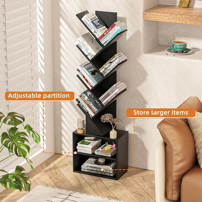 SHEEPAM 10 Tier Tree Bookshelf,Floor Standing Wood Tall Bookcase for Narrow Space, Storage Organizer Bookshelves for Books, Book Case for CDs/Movies/Books,Home Office,Living Room, Bedroom