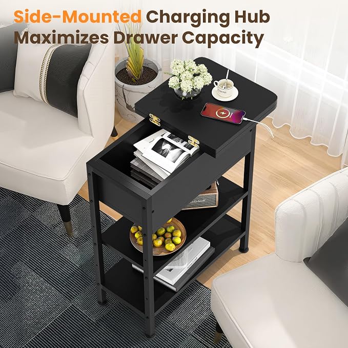 GRUSIGN End Table with Charging Station, Flip Top Side Table with USB Ports and Outlets, 3-Tier Small Side Table with Storage for Small Space, End Tables for Living Room/Bedroom, Black