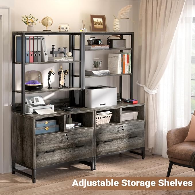 Homieasy File Cabinet with Charging Station, Vertical Filing Cabinet with Lock & Large Drawer, Printer Stand with Storage Shelves, Office Storage Cabinet fits Letter/A4/Legal Size, Grey
