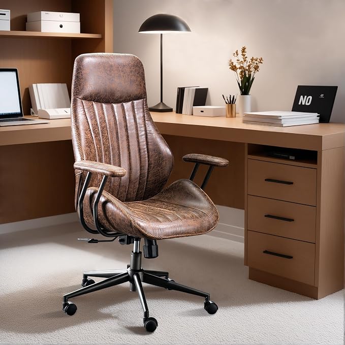 ovios Executive Ergonomic Office Chair, High Back Comfy Faux Suede Leather Computer Chairs, Mid-Century Modern Swivel Rolling Task Armchair, Dark Brown