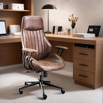 ovios Executive Ergonomic Office Chair, High Back Comfy Faux Suede Leather Computer Chairs, Mid-Century Modern Swivel Rolling Task Armchair, Dark Brown