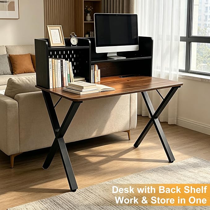 44"×24" Black Computer Desk with Charging Ports, Home Office Desk with Hutch Pegboard Study Gaming Desk with Motion Sensor Light, Modern Writing Desk Table for Home Office Bedroom Kis Room