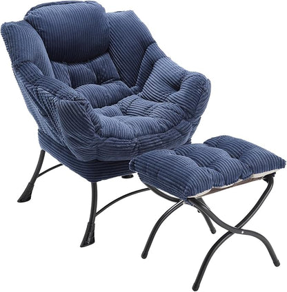 Modern Lazy Chair with Ergonomic Ottoman, Comfortable Lounge Chair with Footrest for Space Saving, Comfy Reading Armchair for Living Room, Bedroom, Office, Navy