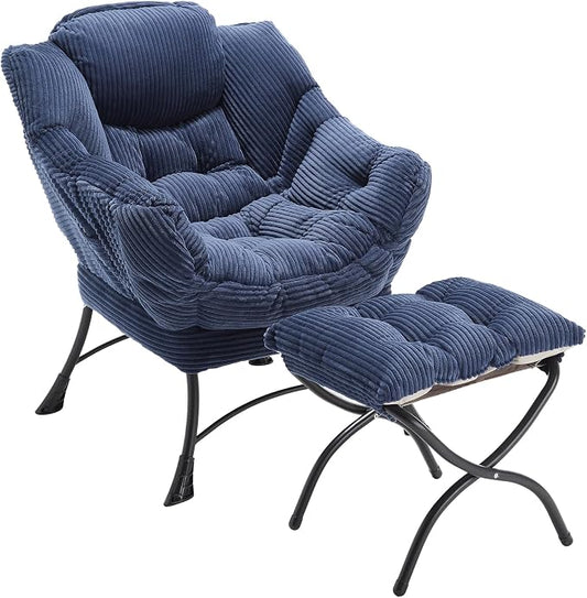 Modern Lazy Chair with Ergonomic Ottoman, Comfortable Lounge Chair with Footrest for Space Saving, Comfy Reading Armchair for Living Room, Bedroom, Office, Navy