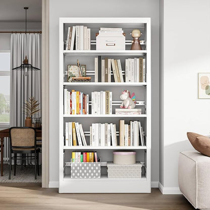 70.9" H Metal Bookshelf, Adjustable Bookcase, 5-Tier Heavy Duty Bookshelf with Bookend, Tall Bookshelves, Bookcase Shelf for Living Room, Office, Library,Classroom (White-37.4W)