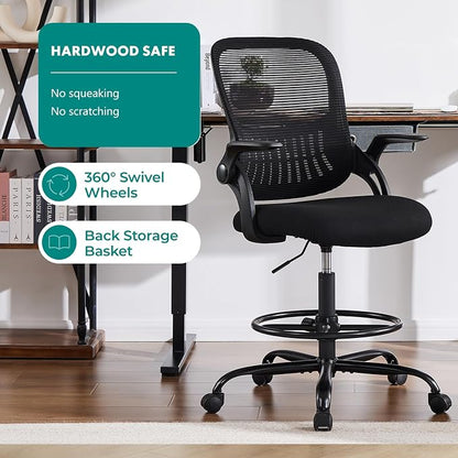 DUMOS Drafting Chair for Standing Desk, Counter Height Adjustable, Flip-up Arms, Ergonomic Mid Back Mesh Rolling Work 360° Swivel Office Computer Chairs with Wheels, for Bedroom Livingroom, Ink