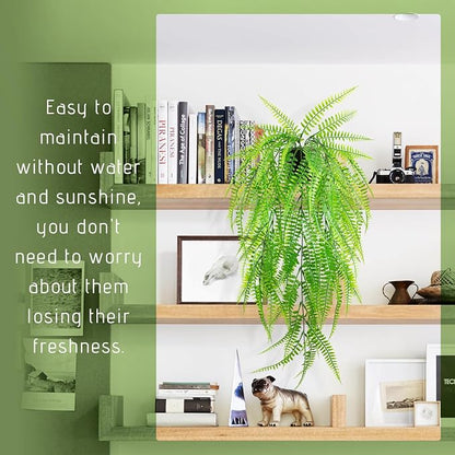 Small Artificial Hanging Plant for Shelf Fake Plant Potted Boston Ferns Faux Trailing Leaves Plant for Indoor Outdoor Aesthetic Office Living Room Shelf Decor (Black Pot)