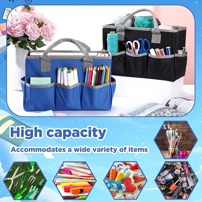 Tellingyou 2 Pcs Art Craft Tote Bag Teacher Craft Organizers and Storage Bag Desktop Tote Supply 600d Oxford Classroom Organizer Caddy Gift for Crafters Christmas Office(Black, Blue)